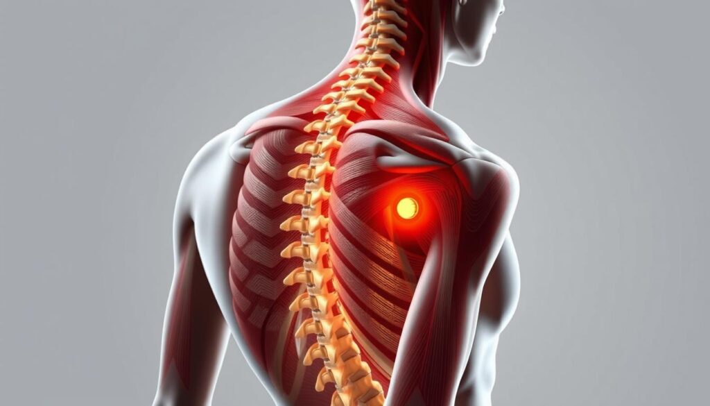 A detailed anatomical illustration depicting the musculoskeletal structure of the back, showcasing the key areas prone to strains and sprains. The image should feature a side profile view, with a semi-transparent overlay highlighting the erector spinae, trapezius, and latissimus dorsi muscles. Subtle lighting creates depth and emphasizes the contours of the muscles. The overall tone should be educational yet visually engaging, conveying the biomechanical aspects of back strains in a clear, informative manner.